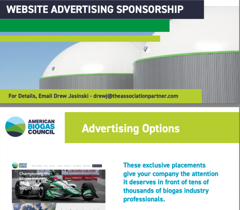 American Biogas Council website advertising sponsorship options offering exclusive placements to reach tens of thousands of biogas industry professionals