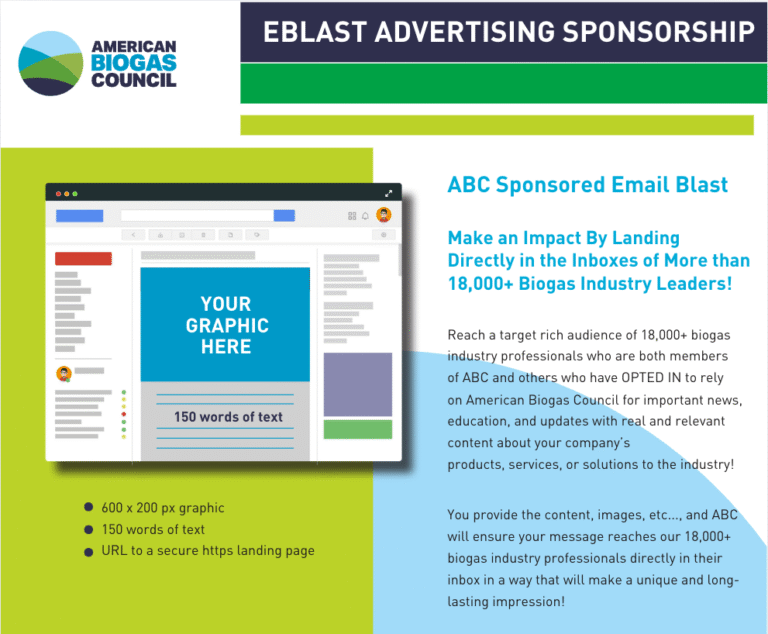 American Biogas Council eblast advertising sponsorship showing sponsored email blast reaching 18,000+ biogas industry leaders